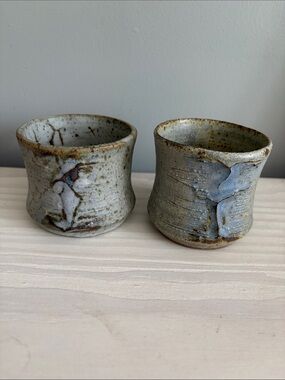 Pair of Handmade & Signed Ceramic Double Espresso Mugs in Pale Gray and Blue